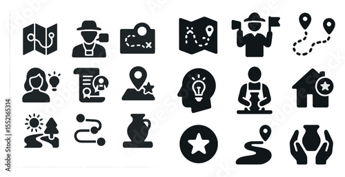 Travel and tourism silhouette icons set – filled, vacation and adventure symbols
