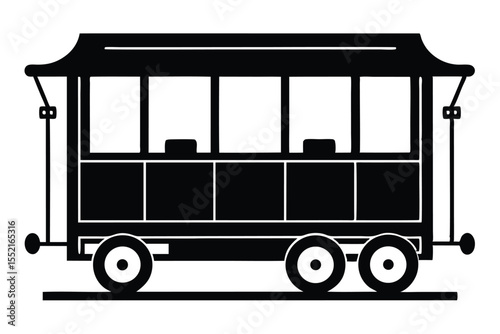 Silhouette Illustration of a Classic San Francisco Cable Car with Seating and Wheels