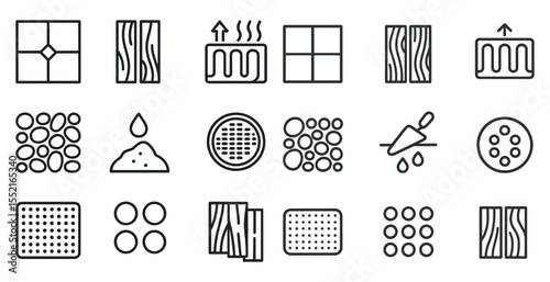 Construction and flooring outline icons set – solid, building, material symbols