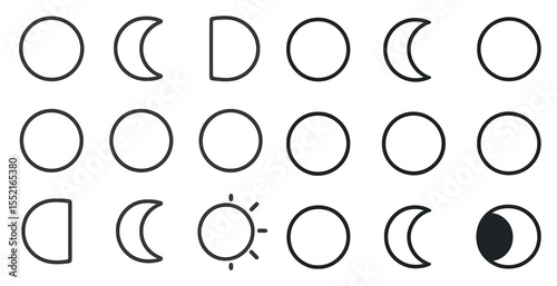 Moon phases outline icons set – lunar, celestial, astronomy symbols