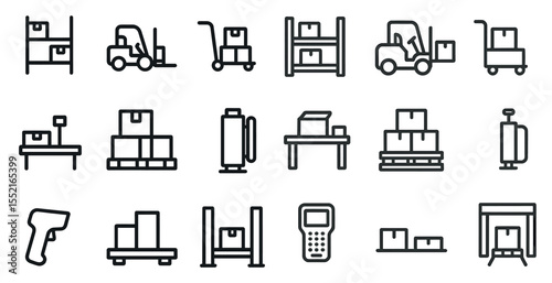 Warehouse and logistics icons set – line, outline, shipping and inventory management graphics