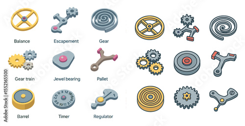 Watch and clock parts icons set – flat, outline, gear and mechanism symbols