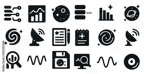 Technology and data solid icons set – filled, analytics, digital solutions