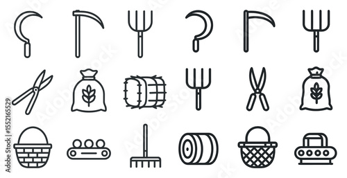 Farming tools outline icons set – simple, line, agricultural equipment symbols