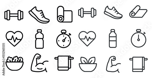 Fitness and health outline icons set – line, gym, and exercise symbols
