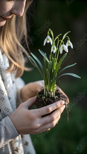 Woman’s Hands Holding Snowdrop Flowers with Soil, Symbol of Spring, Growth and Nature, Close-up Outdoors