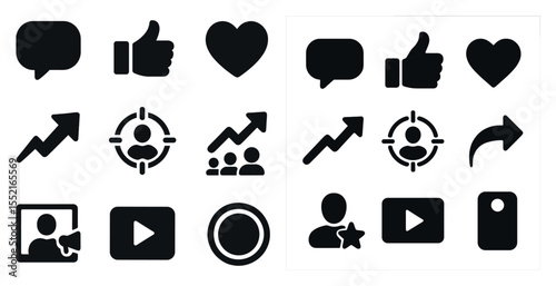 Social media solid icons set – flat, filled, communication and interaction symbols