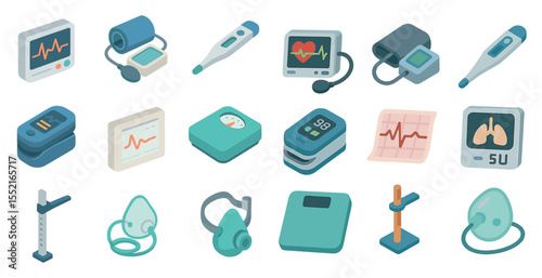 Healthcare and medical icons set – isometric, outline, diagnostic symbols for clinics