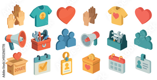 Community support icons set – isometric, 3d, volunteer and charity symbols