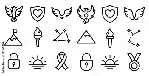 Nature and security outline icons set – linear, silhouette, environmental symbols