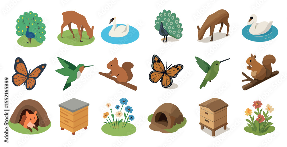 Naklejka premium Wildlife and nature icons set – isometric, flat, animals and natural elements symbols