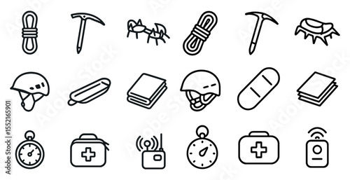 Mountain climbing outline icons set – linear, hiking, adventure symbols collection