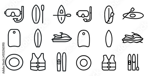 Water sports line icons set – outline, aquatic, kayaking and swimming symbols