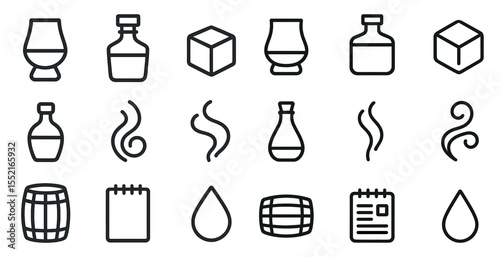 Whiskey and spirits outline icons set – line, flat, beverage and bar symbols