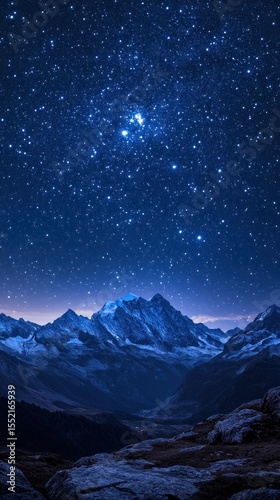 Majestic mountains under a star-studded night sky.