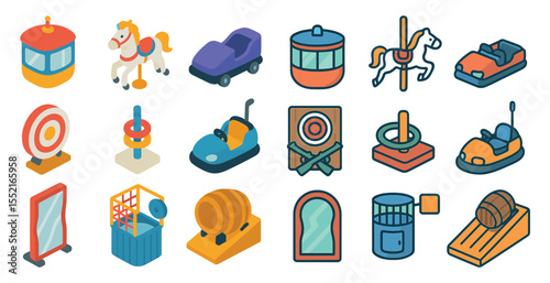 Amusement park 3d icons set – filled, playful, theme park and entertainment symbols