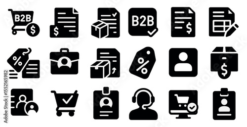 E-commerce and business solid icons set – filled, outline, commerce and trade symbols