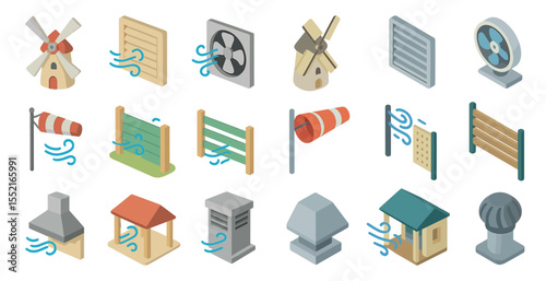 Wind and weather isometric icons set – flat, filled, climate and environment graphics