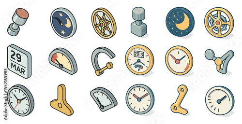 Time and clock isometric icons set – filled, watch, schedule design elements