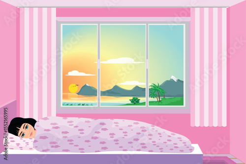young girl waking up in bed