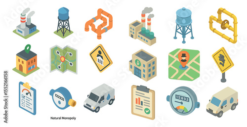 Industrial isometric icons set – energy, infrastructure, utility symbols