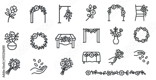 Floral and wedding outline icons set – linear, botanical, event decoration symbols