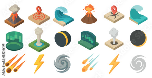 Natural disaster isometric icons set – earthquake, storm, volcanic eruption designs