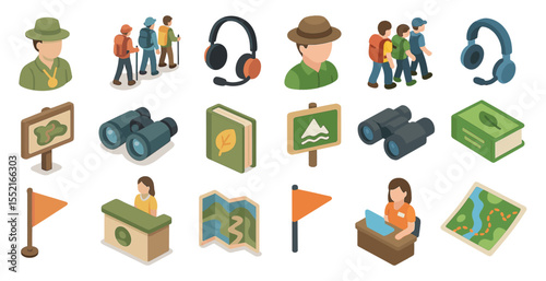 Camping and hiking icon set – isometric, nature, outdoor adventure symbols