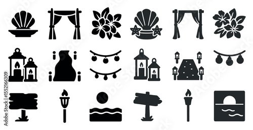 Tropical party solid icons set – silhouette, filled, beach and holiday symbols