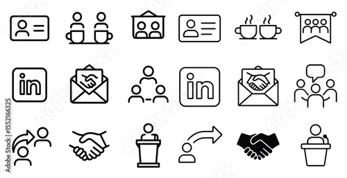 Business and teamwork outline icons set – linear, communication, collaboration symbols