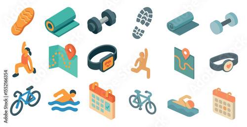 Fitness and exercise isometric icons set – workout, activity, gym symbols