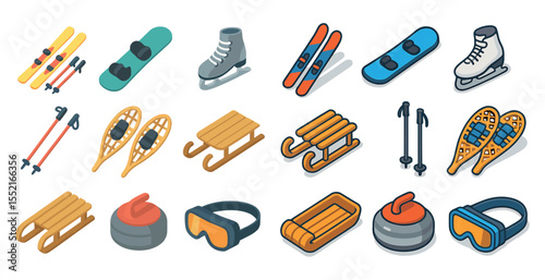 Winter sports isometric icons set – skiing, snowboarding, cold weather symbols