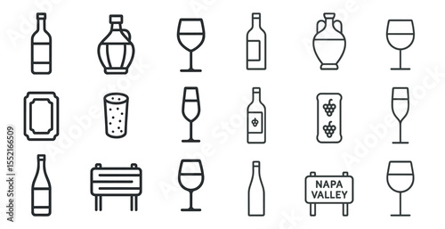 Wine and vineyard line icons set – outline, winery, beverage and drink symbols