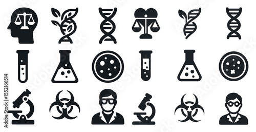 Science and research solid icons set – laboratory, filled, dna and experiment symbols