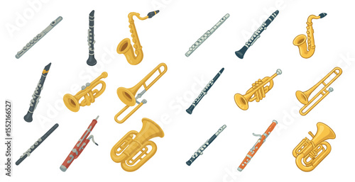 Musical instruments icons set – isometric, orchestra, band symbols