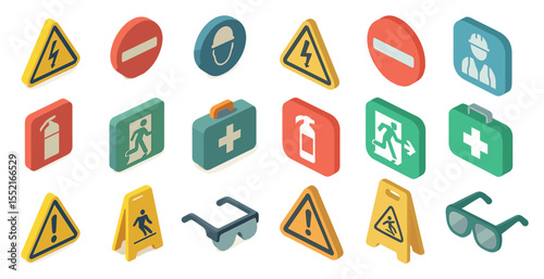 Safety and danger isometric icons set – 3d, emergency, cautionary symbols