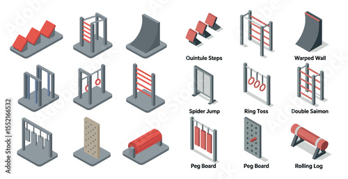Obstacle course icons set – isometric, fitness, adventure challenge symbols