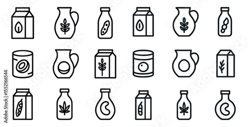 Plant-based drinks line icons set – dairy-free, beverage, vegan milk symbols