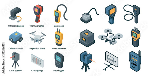 Industrial equipment isometric icons set – linear, outline, monitoring tools visuals