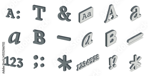 Typography and font 3d icons set – stylized, alphabet, text symbols