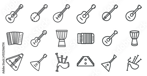 Musical instruments line icons set – flat, vector, music and sound symbols