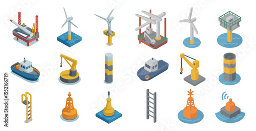 Offshore energy icons set – isometric, wind, oil and marine industry symbols