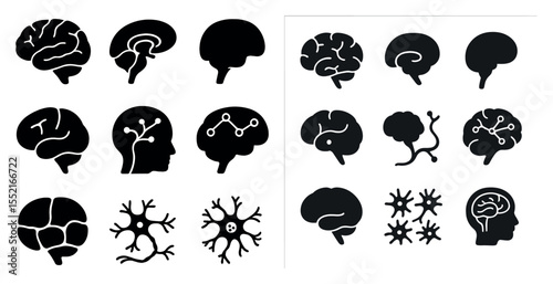 Brain health silhouette icons set – flat, filled, cognitive and neural symbols