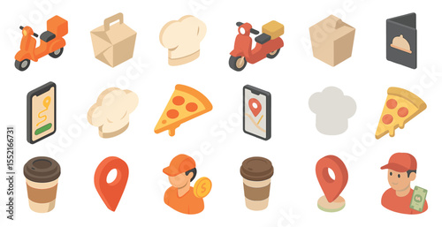 Food delivery isometric icons set – 3d, online ordering, fast service symbols