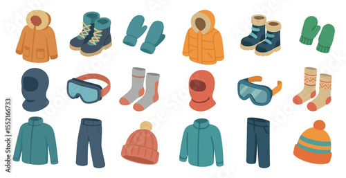 Winter clothing icons set – 3d, isometric, apparel and cold weather symbols