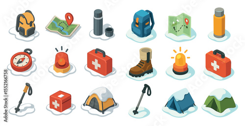 Outdoor adventure isometric icons set – camping, hiking, travel essentials