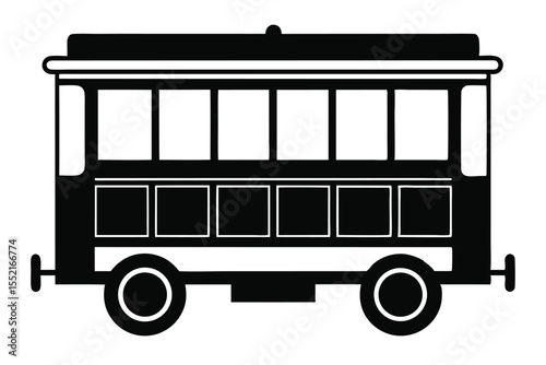 Simple Black and White Outline of a Vintage Trolley Car Illustration