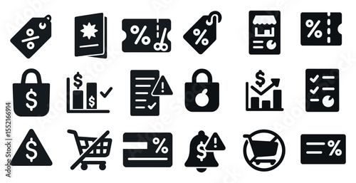 Discount and shopping solid icons set – filled, sale, retail and commerce symbols