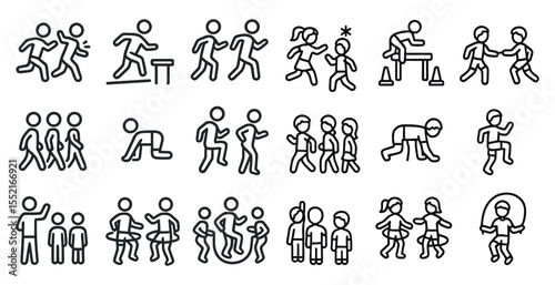 Fitness and exercise outline icons set – silhouette, gym, workout symbols