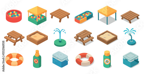 Playground equipment isometric icons set – outdoor, park, recreation symbols